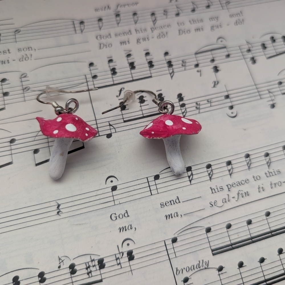 Pink and White Mushroom Earrings